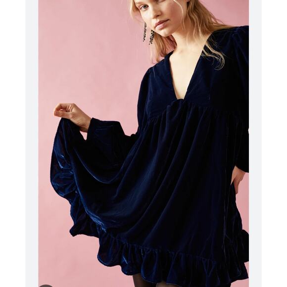 Free People Estella Velvet Mini Dress Boho Tunic Blue XS V-Neck Flowy - Picture 1 of 8